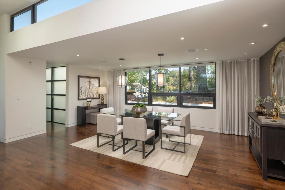 Dining room, Interior, Pendant Lights, Recessed Lighting, Wood Texture Flooring