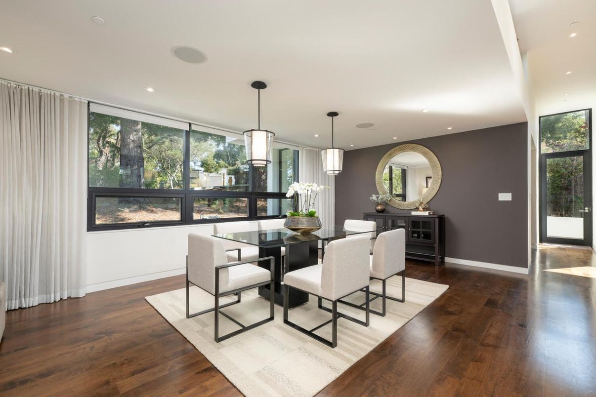 Dining room, Interior, Pendant Lights, Recessed Lighting, Wood Texture Flooring
