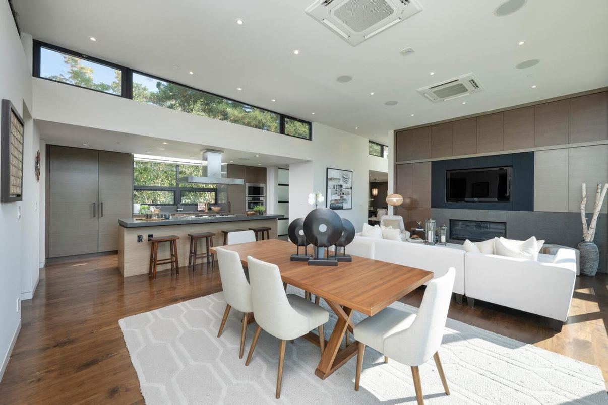 Dining room, Fireplace, Interior, Kitchen, Living room, Recessed Lighting, Wood Texture Flooring