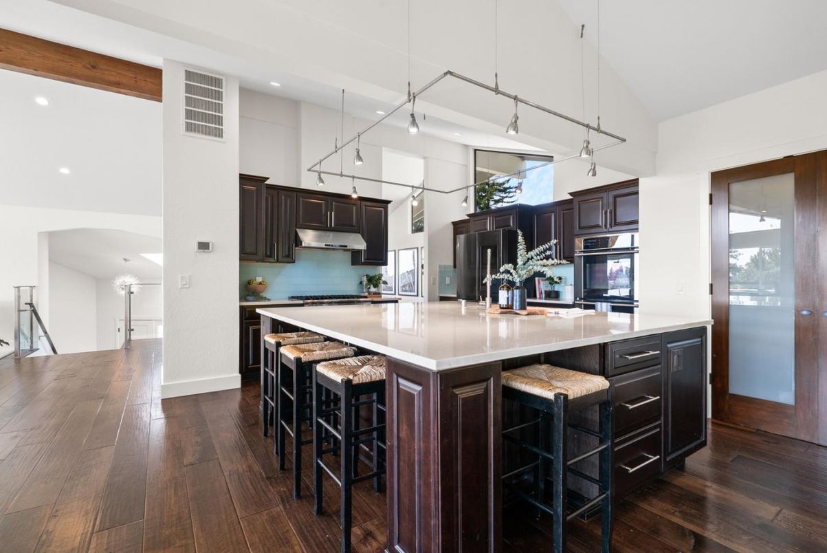 Interior, Kitchen, Pendant Lights, Recessed Lighting, Stainless Steel Appliances, Wooden Beams, Wood Texture Flooring