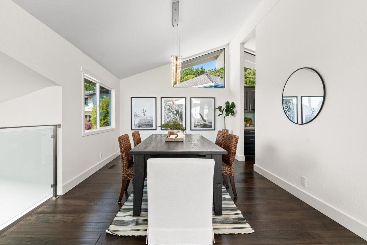 Dining room, Interior, Pendant Lights, Wood Texture Flooring