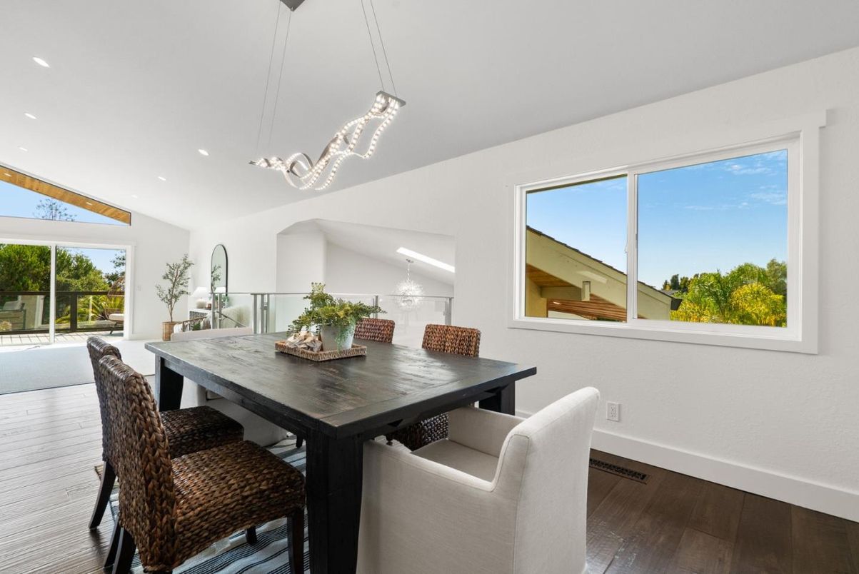 Dining room, Interior, Pendant Lights, Recessed Lighting, Wood Texture Flooring