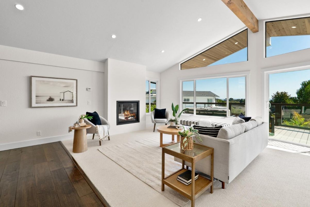 Fireplace, Interior, Living room, Recessed Lighting, Wooden Beams, Wood Texture Flooring