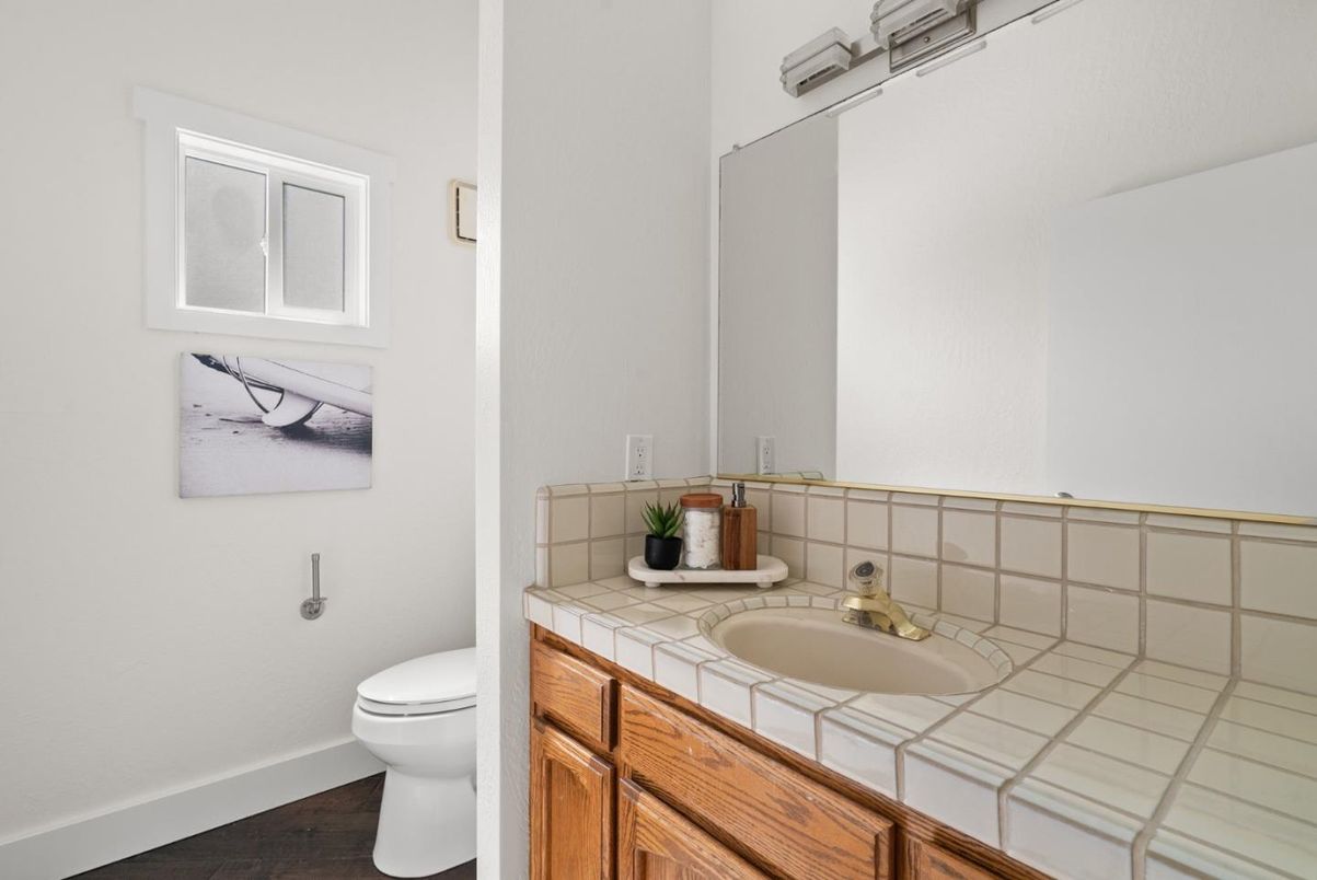 Bathroom, Interior, Tile Countertops, Wood Texture Flooring