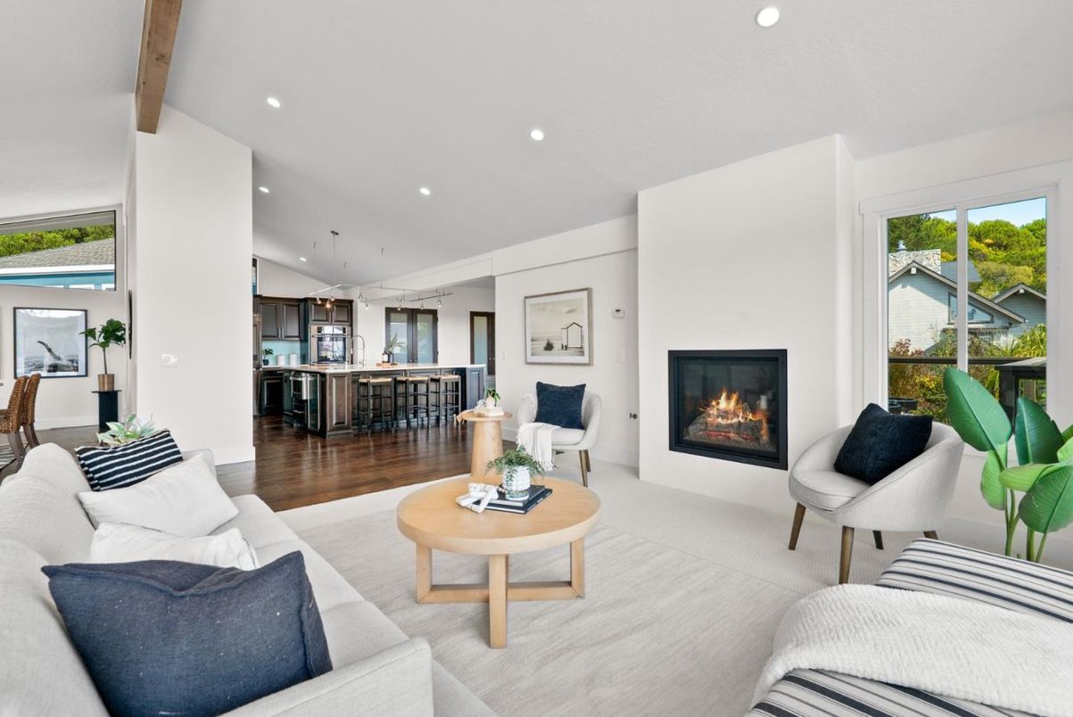 Fireplace, Interior, Kitchen, Living room, Pendant Lights, Recessed Lighting, Stainless Steel Appliances, Wooden Beams, Wood Texture Flooring