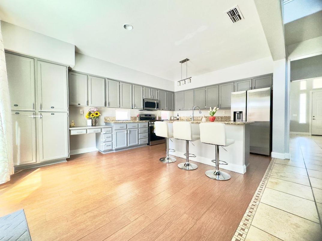 Interior, Kitchen, Pendant Lights, Recessed Lighting, Stainless Steel Appliances, Wood Texture Flooring