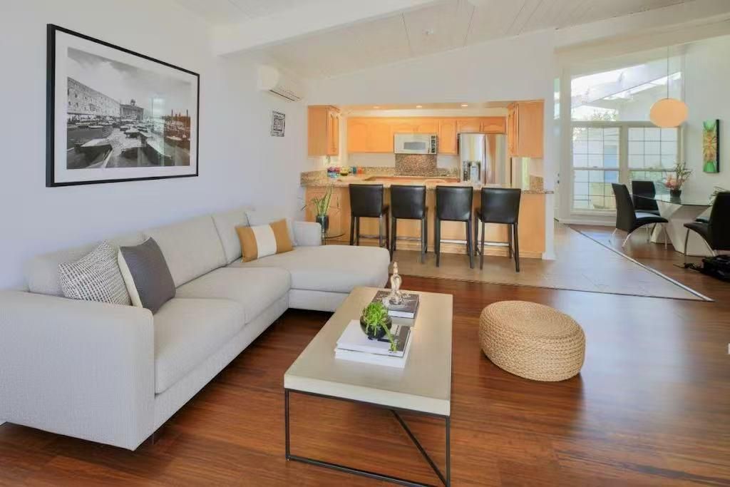 Dining room, Interior, Kitchen, Living room, Recessed Lighting, Stainless Steel Appliances, Wood Texture Flooring