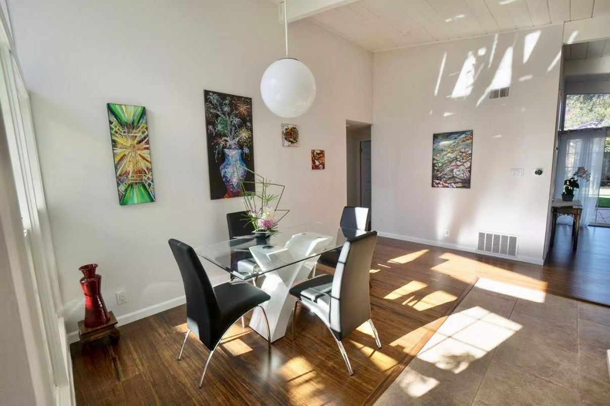 Dining room, Interior, Pendant Lights, Wood Texture Flooring