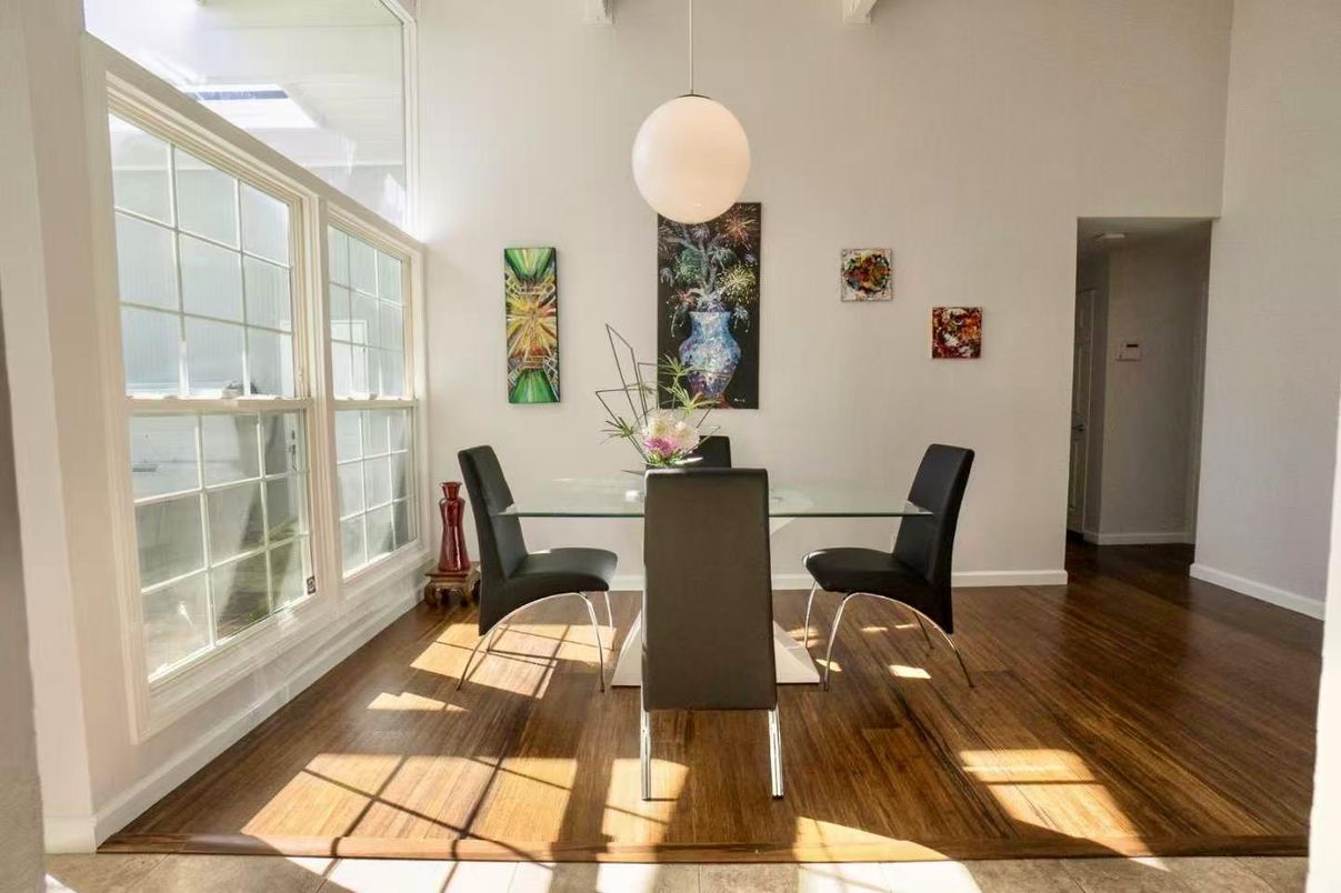 Dining room, Interior, Pendant Lights, Wood Texture Flooring