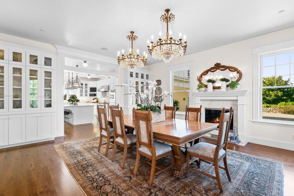 Chandelier, Dining room, Fireplace, Interior, Kitchen, Recessed Lighting, Wood Texture Flooring
