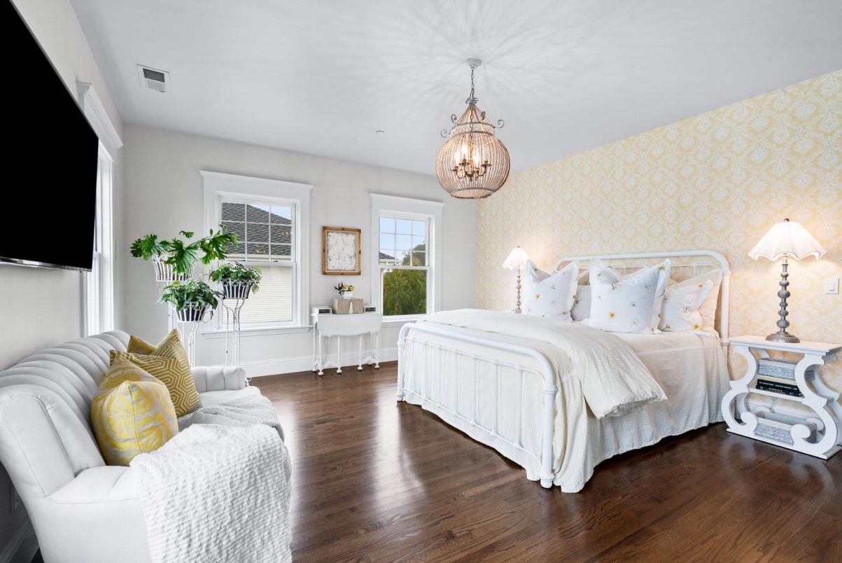 Bedroom, Chandelier, Interior, Wood Texture Flooring