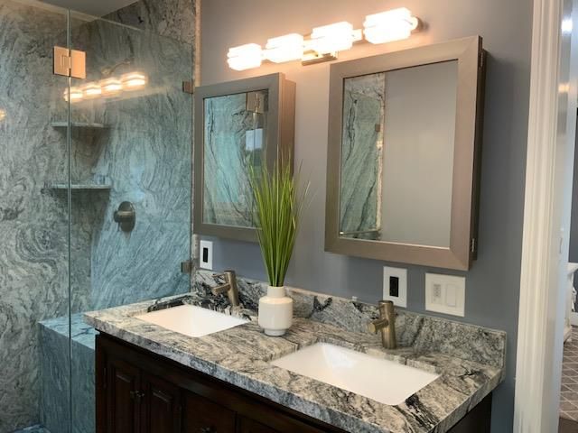 Bathroom, Dual Sink Vanities, Glass Shower, Interior, Marble Walls