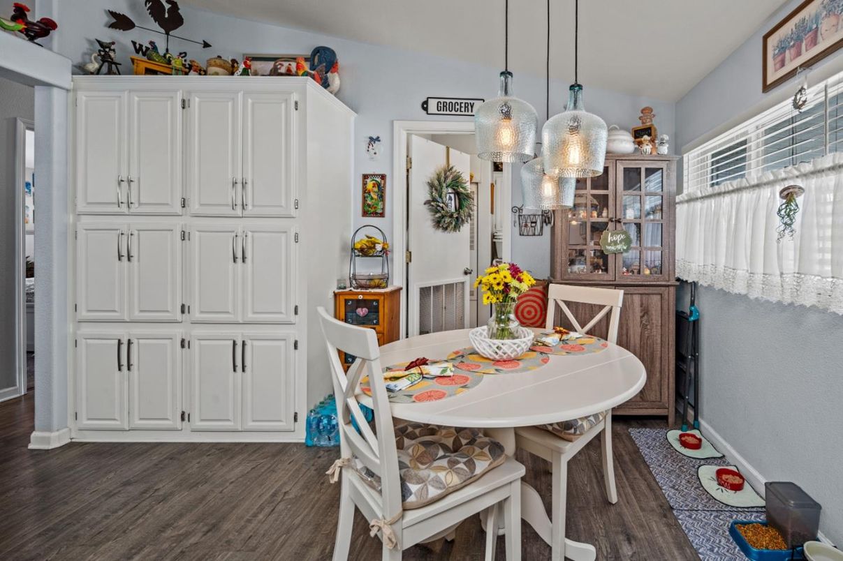 Dining room, Interior, Pendant Lights, Wood Texture Flooring