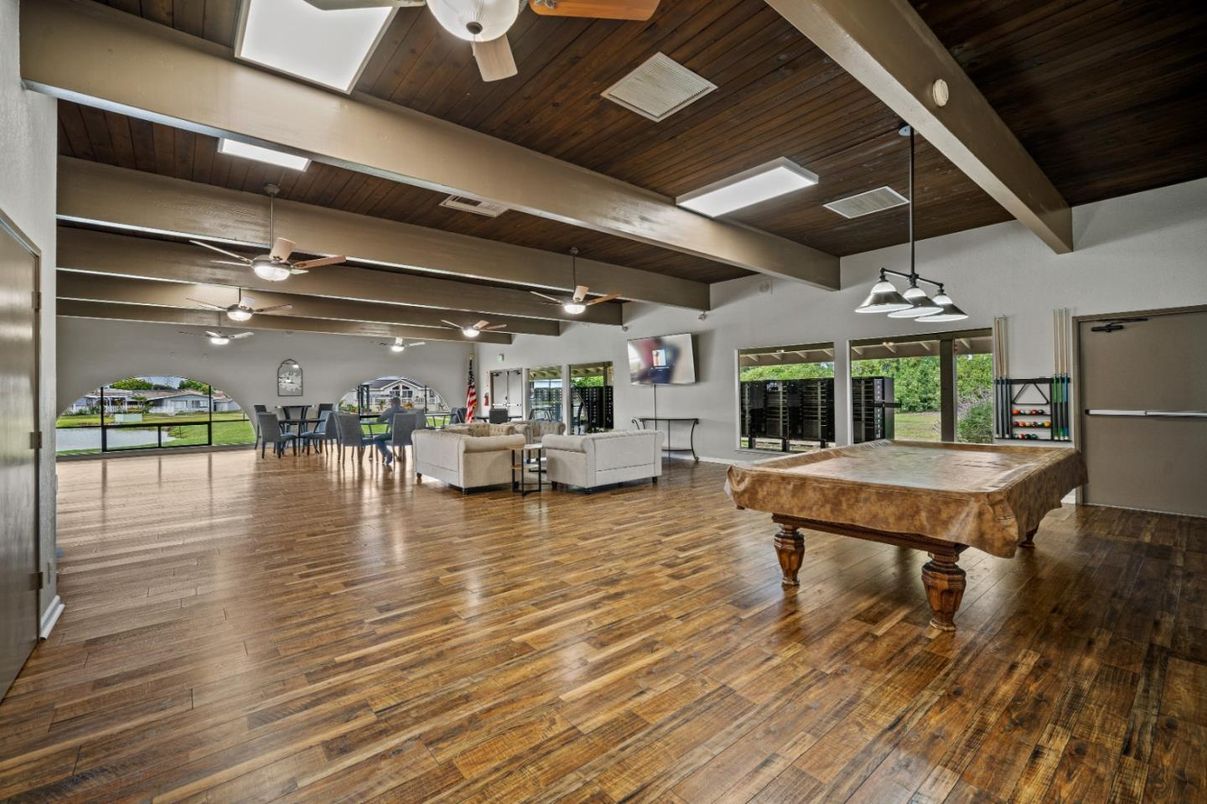 Billiard Table, Dining room, Game Room, Interior, Living room, Pendant Lights, Wooden Beams, Wooden Ceilings, Wood Texture Flooring