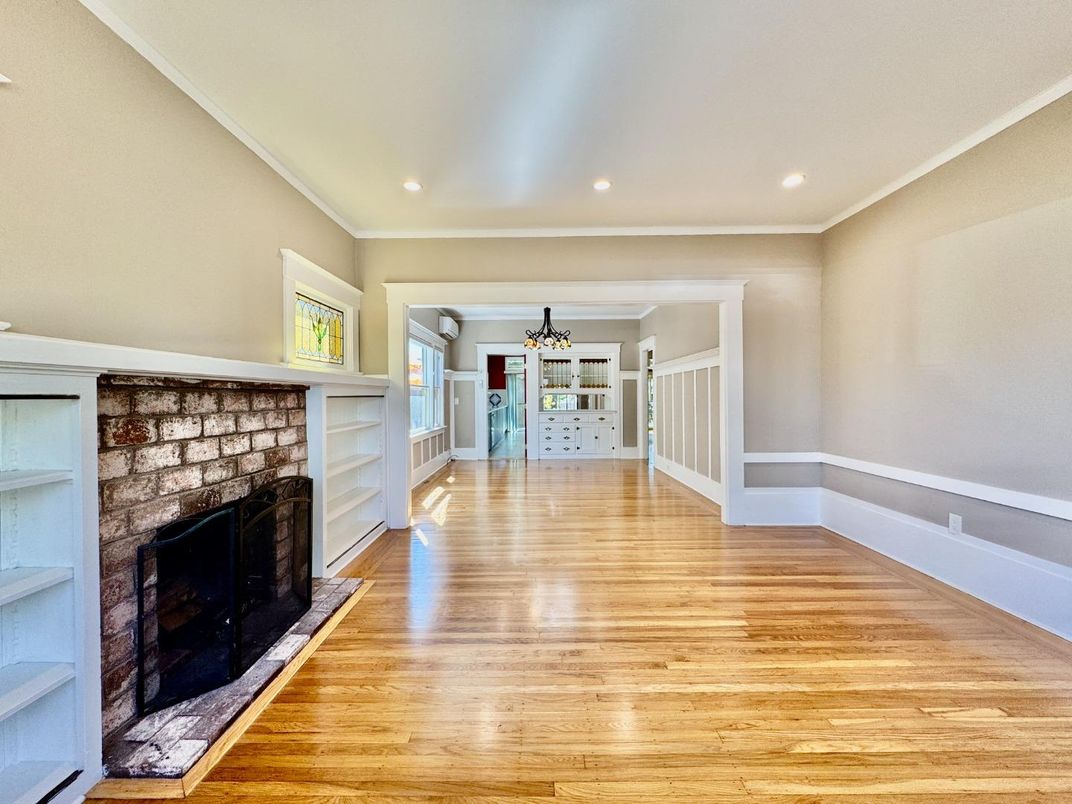 Empty room, Fireplace, Interior, Recessed Lighting, Wood Texture Flooring