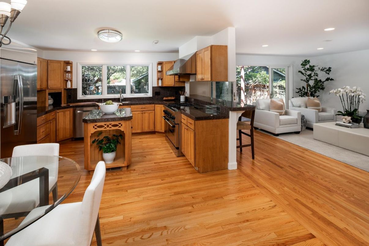 Interior, Kitchen, Living room, Recessed Lighting, Stainless Steel Appliances, Wood Texture Flooring