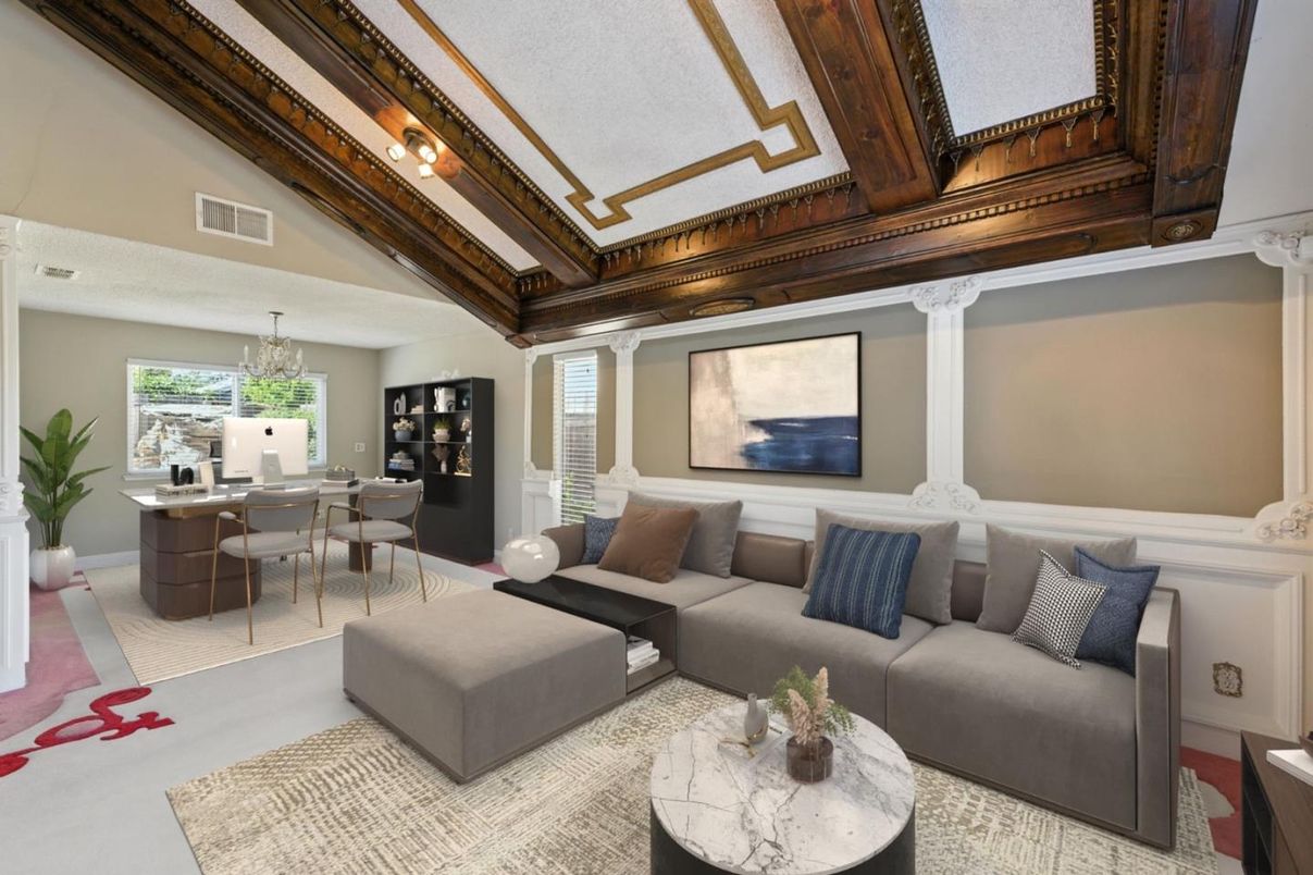Chandelier, Home Office, Interior, Living room, Wooden Beams