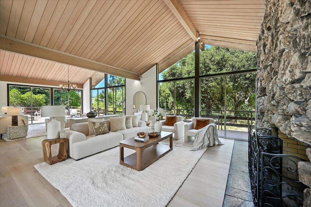 Chandelier, Dining room, Fireplace, Interior, Living room, Stone Walls, Wooden Beams, Wooden Ceilings, Wood Texture Flooring