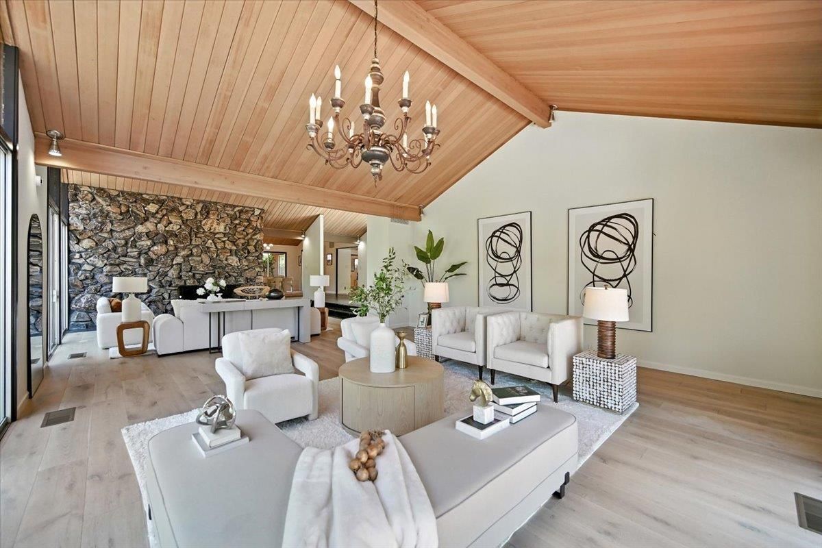 Chandelier, Fireplace, Interior, Living room, Stone Walls, Wooden Beams, Wooden Ceilings, Wood Texture Flooring