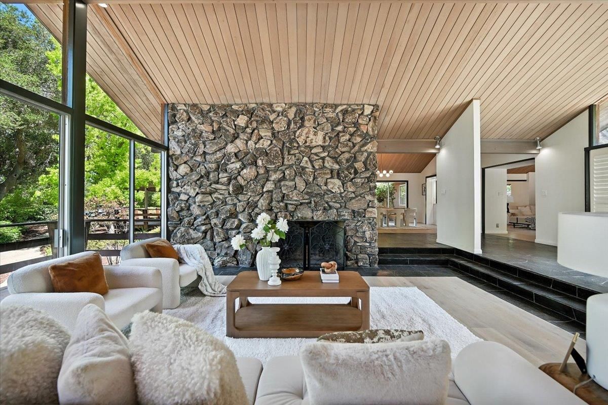 Fireplace, Interior, Living room, Stone Walls, Wooden Ceilings, Wood Texture Flooring