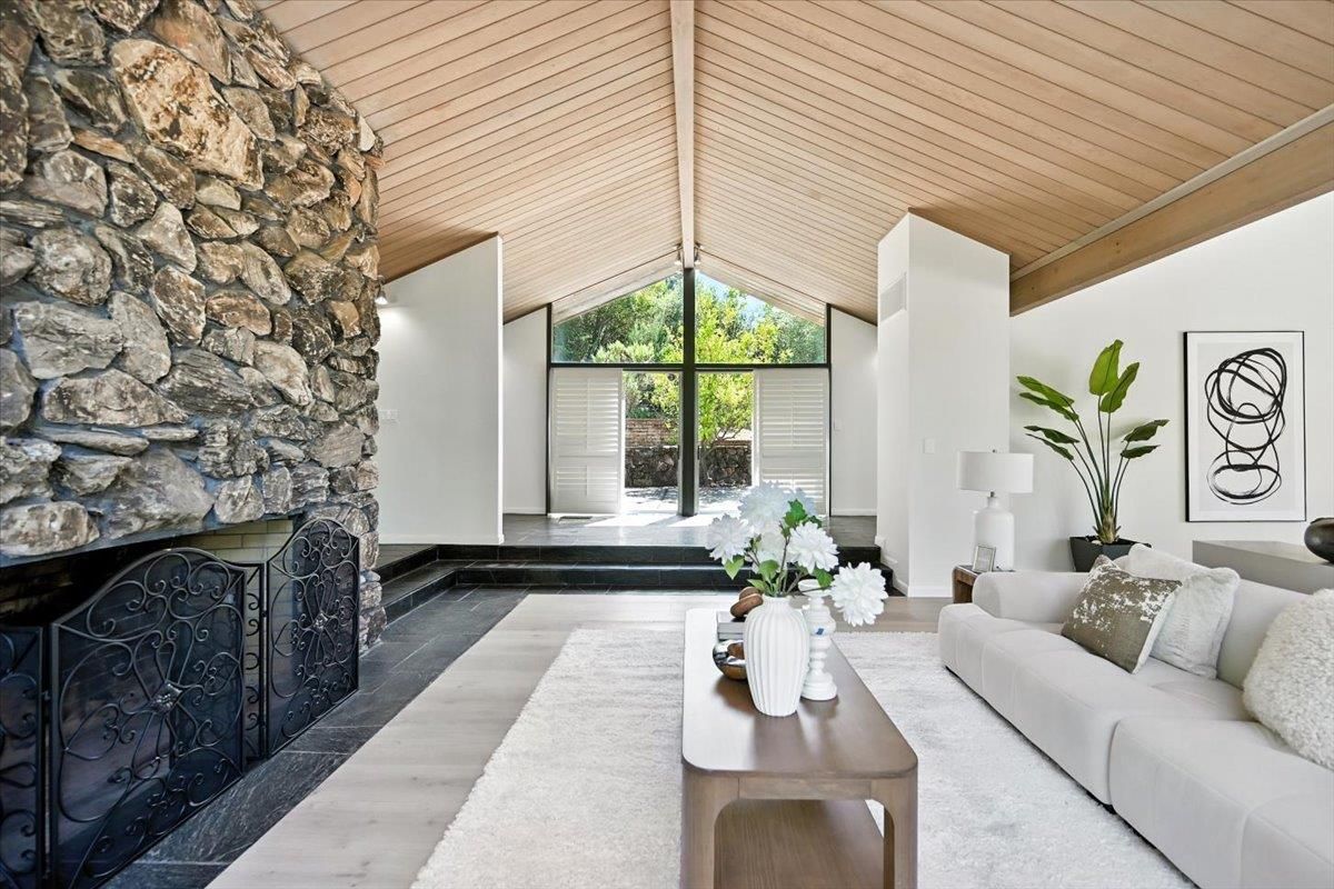 Fireplace, Interior, Living room, Stone Walls, Wooden Ceilings, Wood Texture Flooring