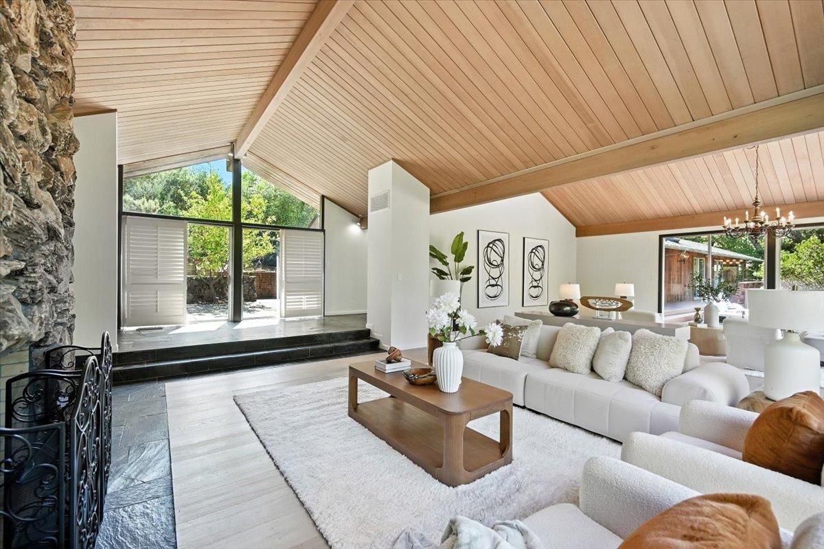 Dining room, Fireplace, Interior, Living room, Pendant Lights, Stone Walls, Wooden Beams, Wooden Ceilings, Wood Texture Flooring