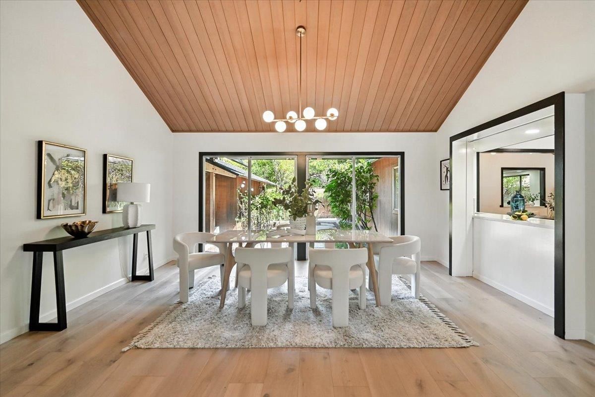 Dining room, Interior, Pendant Lights, Wooden Ceilings, Wood Texture Flooring