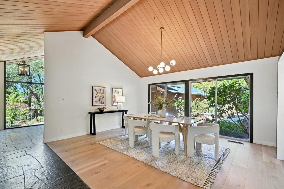 Dining room, Interior, Pendant Lights, Wooden Beams, Wooden Ceilings, Wood Texture Flooring