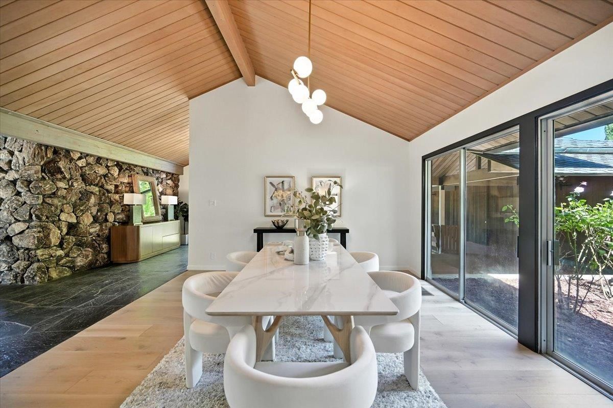 Dining room, Fireplace, Interior, Pendant Lights, Stone Walls, Wooden Ceilings, Wood Texture Flooring