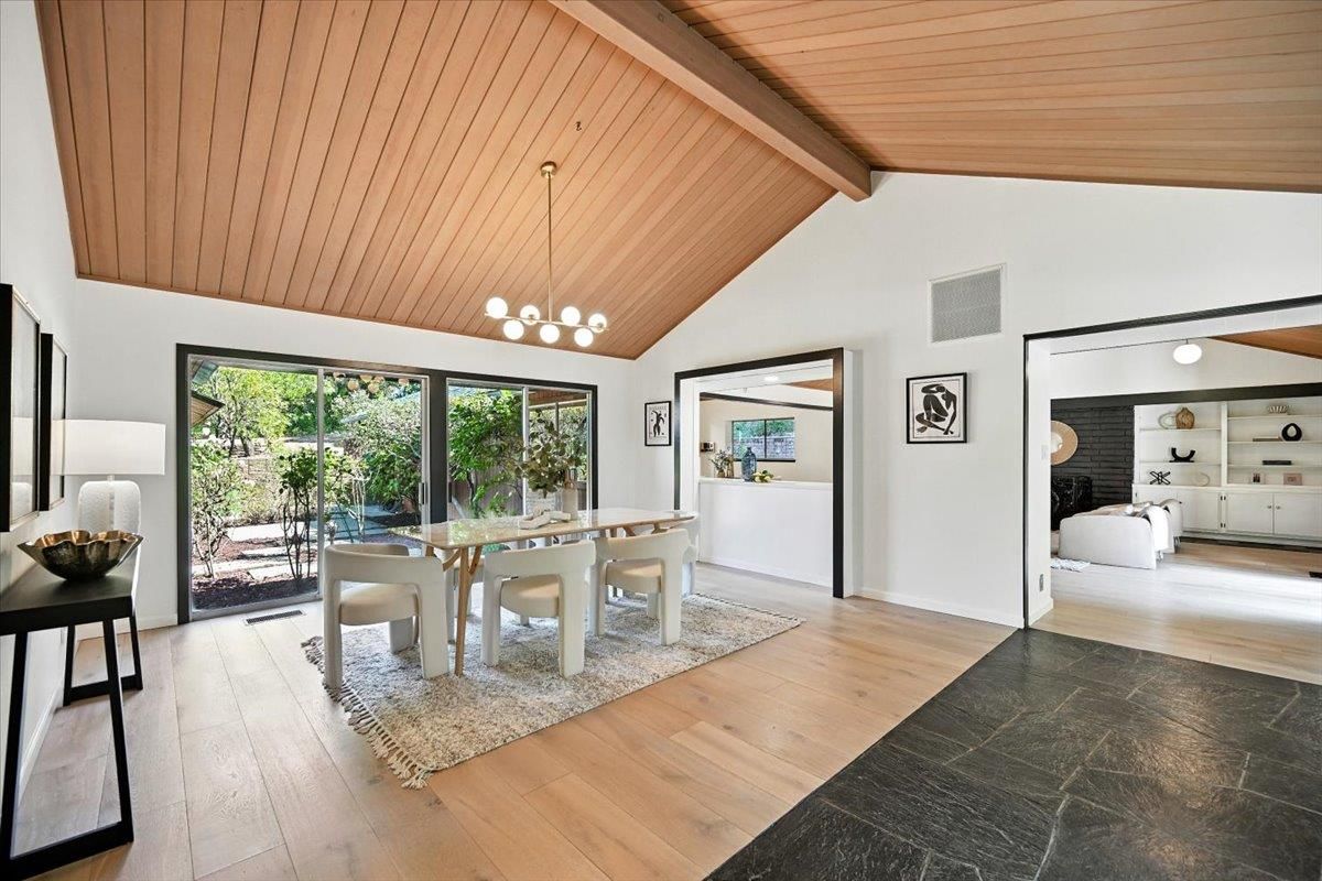 Dining room, Interior, Pendant Lights, Wooden Beams, Wooden Ceilings, Wood Texture Flooring