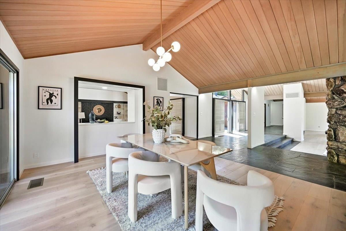 Dining room, Interior, Pendant Lights, Wooden Ceilings, Wood Texture Flooring