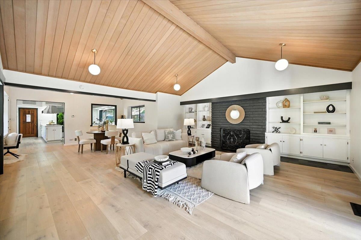 Fireplace, Interior, Living room, Pendant Lights, Wooden Ceilings, Wood Texture Flooring