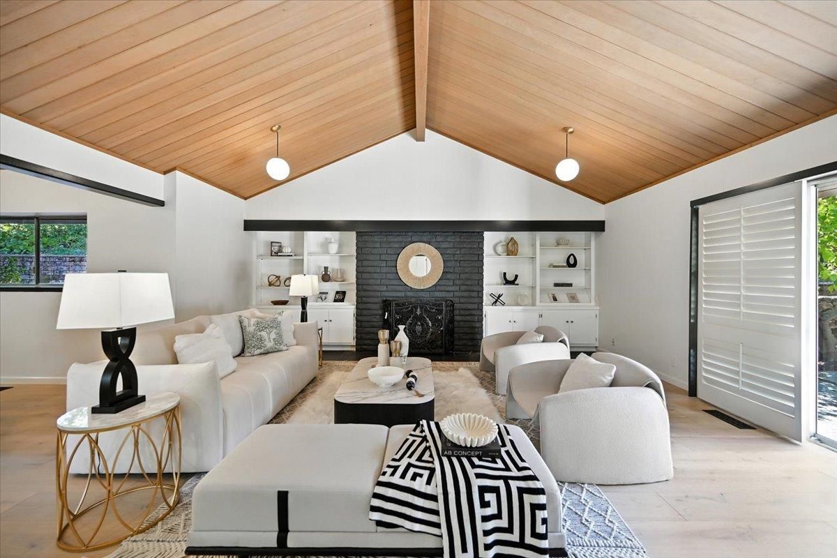 Fireplace, Interior, Living room, Pendant Lights, Stone Walls, Wooden Ceilings, Wood Texture Flooring