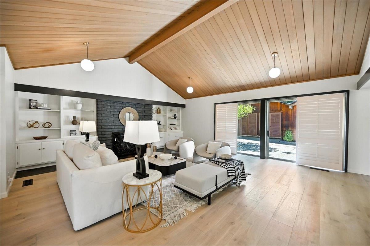 Fireplace, Interior, Living room, Pendant Lights, Stone Walls, Wooden Beams, Wooden Ceilings, Wood Texture Flooring