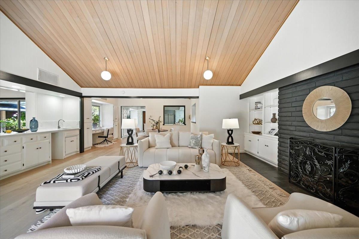 Fireplace, Interior, Living room, Pendant Lights, Wooden Ceilings, Wood Texture Flooring