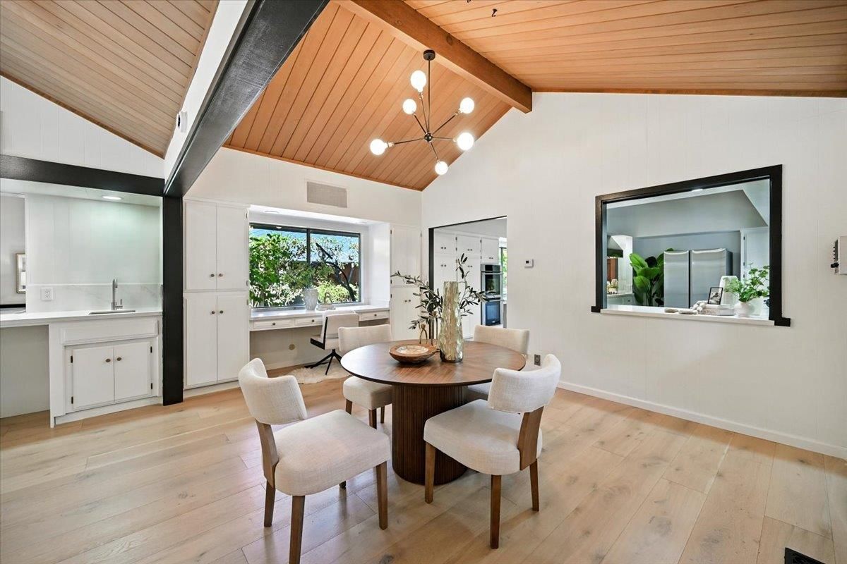 Dining room, Interior, Pendant Lights, Wooden Beams, Wooden Ceilings, Wood Texture Flooring