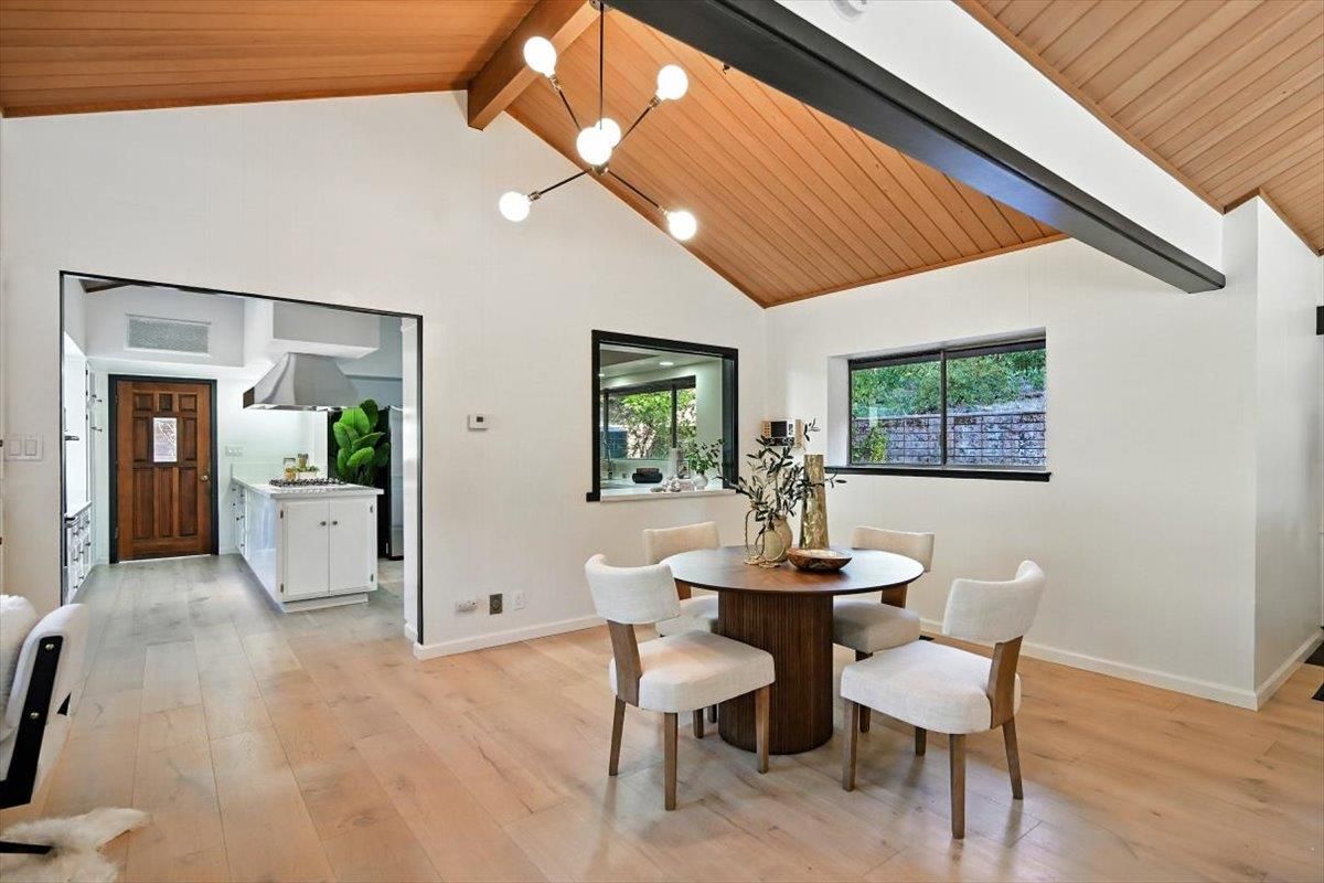 Dining room, Interior, Pendant Lights, Wooden Beams, Wooden Ceilings, Wood Texture Flooring