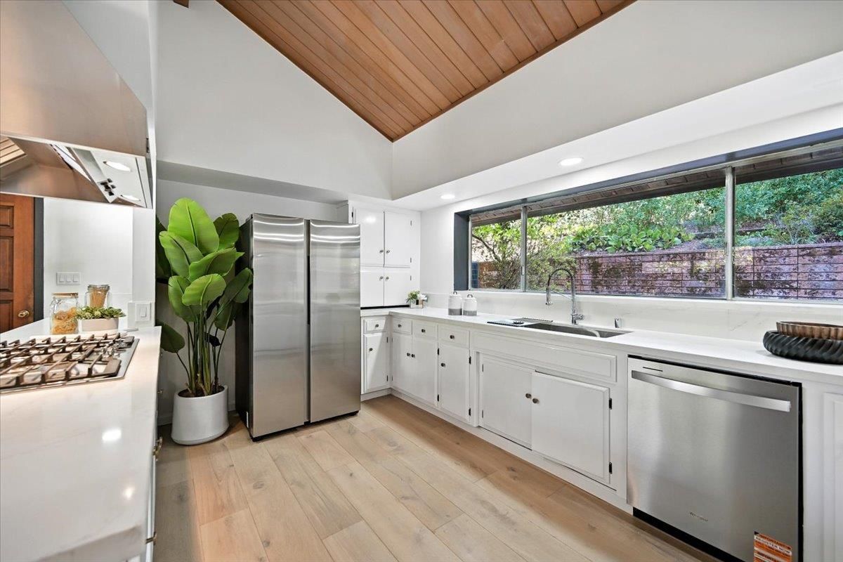 Interior, Kitchen, Recessed Lighting, Stainless Steel Appliances, Wooden Ceilings, Wood Texture Flooring