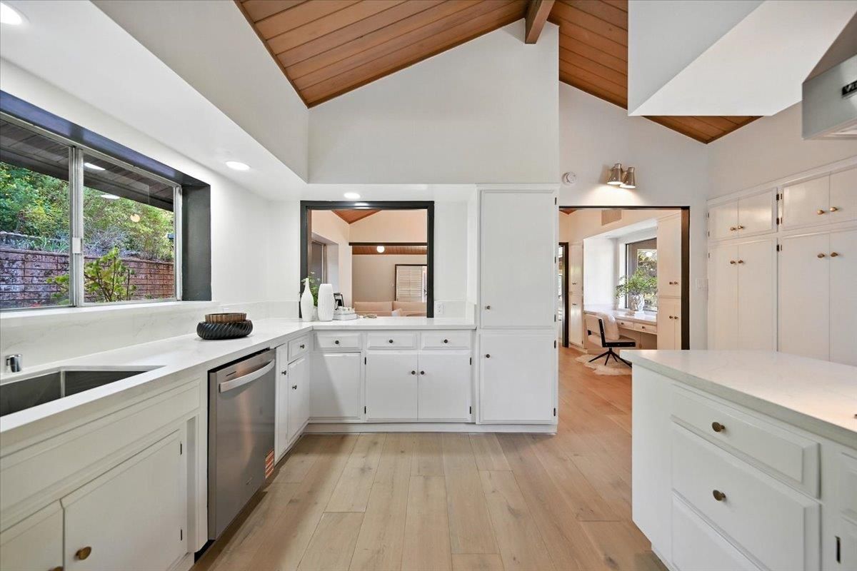 Interior, Kitchen, Recessed Lighting, Stainless Steel Appliances, Wooden Ceilings, Wood Texture Flooring