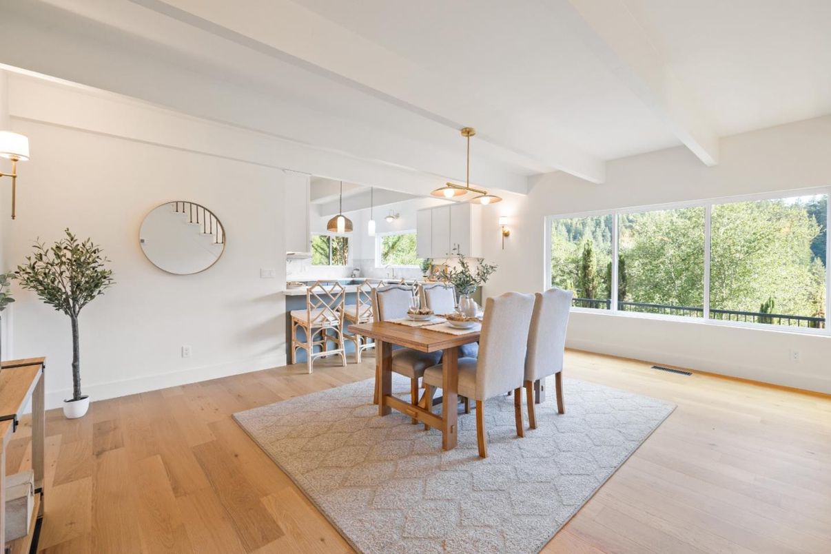 Dining room, Interior, Pendant Lights, Wood Texture Flooring