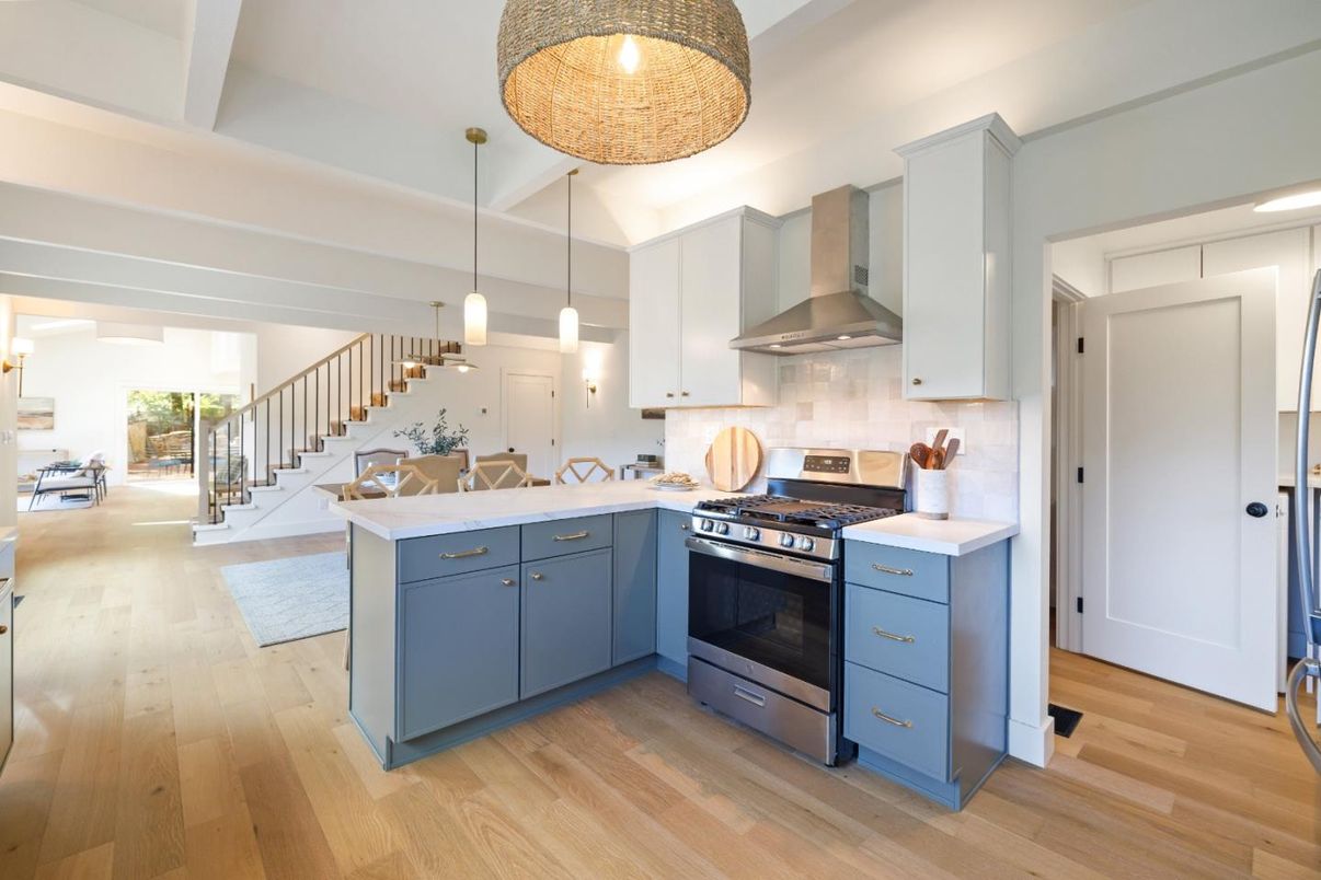 Interior, Kitchen, Pendant Lights, Stainless Steel Appliances, Wood Texture Flooring