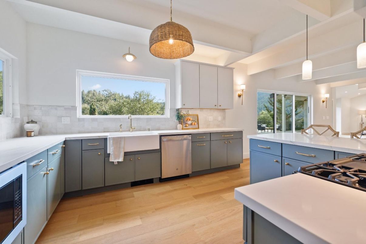 Interior, Kitchen, Pendant Lights, Stainless Steel Appliances, Wood Texture Flooring
