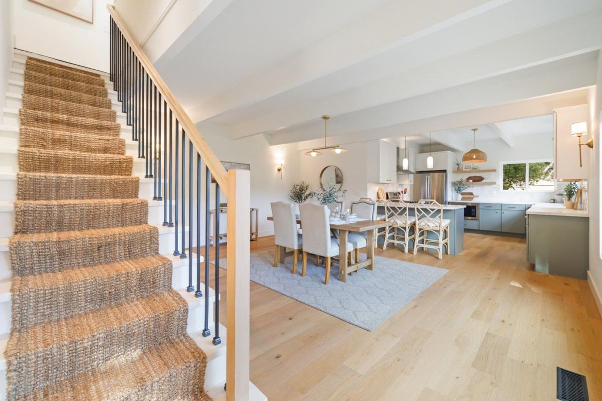 Dining room, Interior, Kitchen, Pendant Lights, Stainless Steel Appliances, Wood Texture Flooring