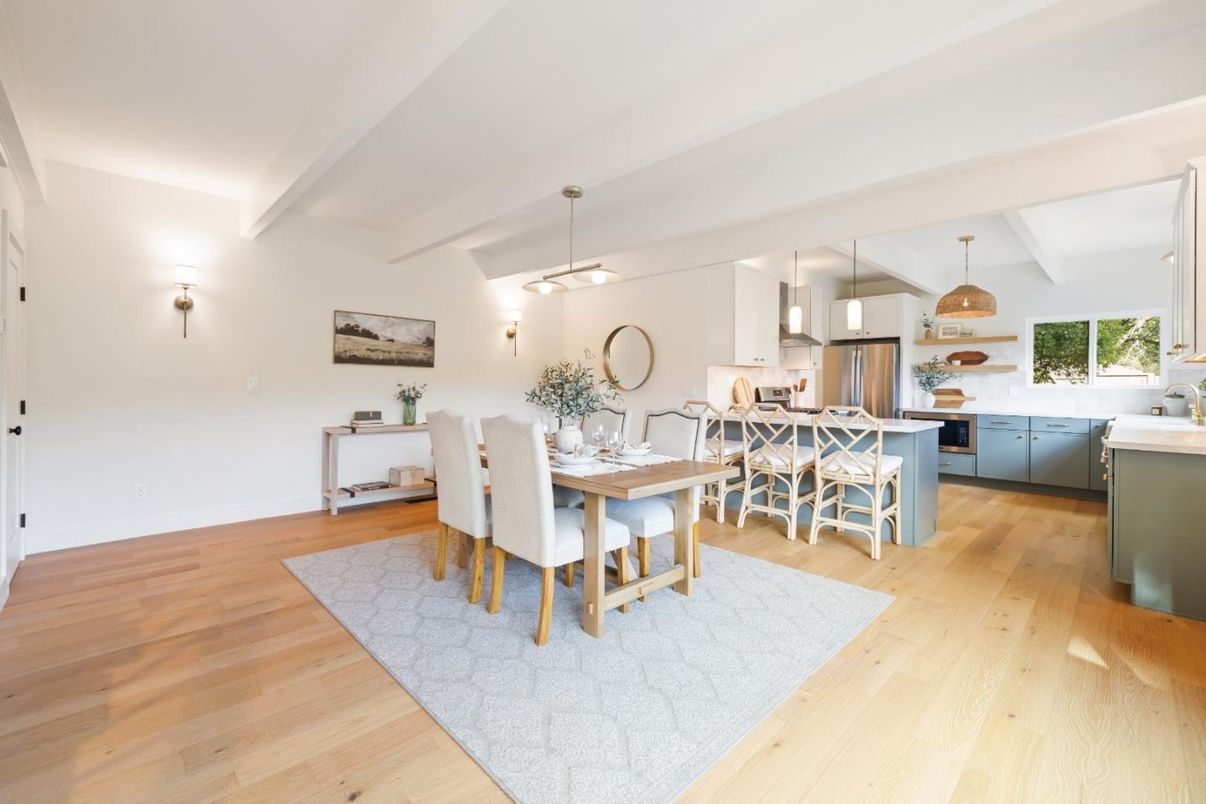Dining room, Interior, Kitchen, Pendant Lights, Stainless Steel Appliances, Wood Texture Flooring