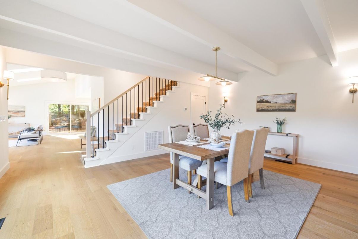 Dining room, Interior, Pendant Lights, Wood Texture Flooring
