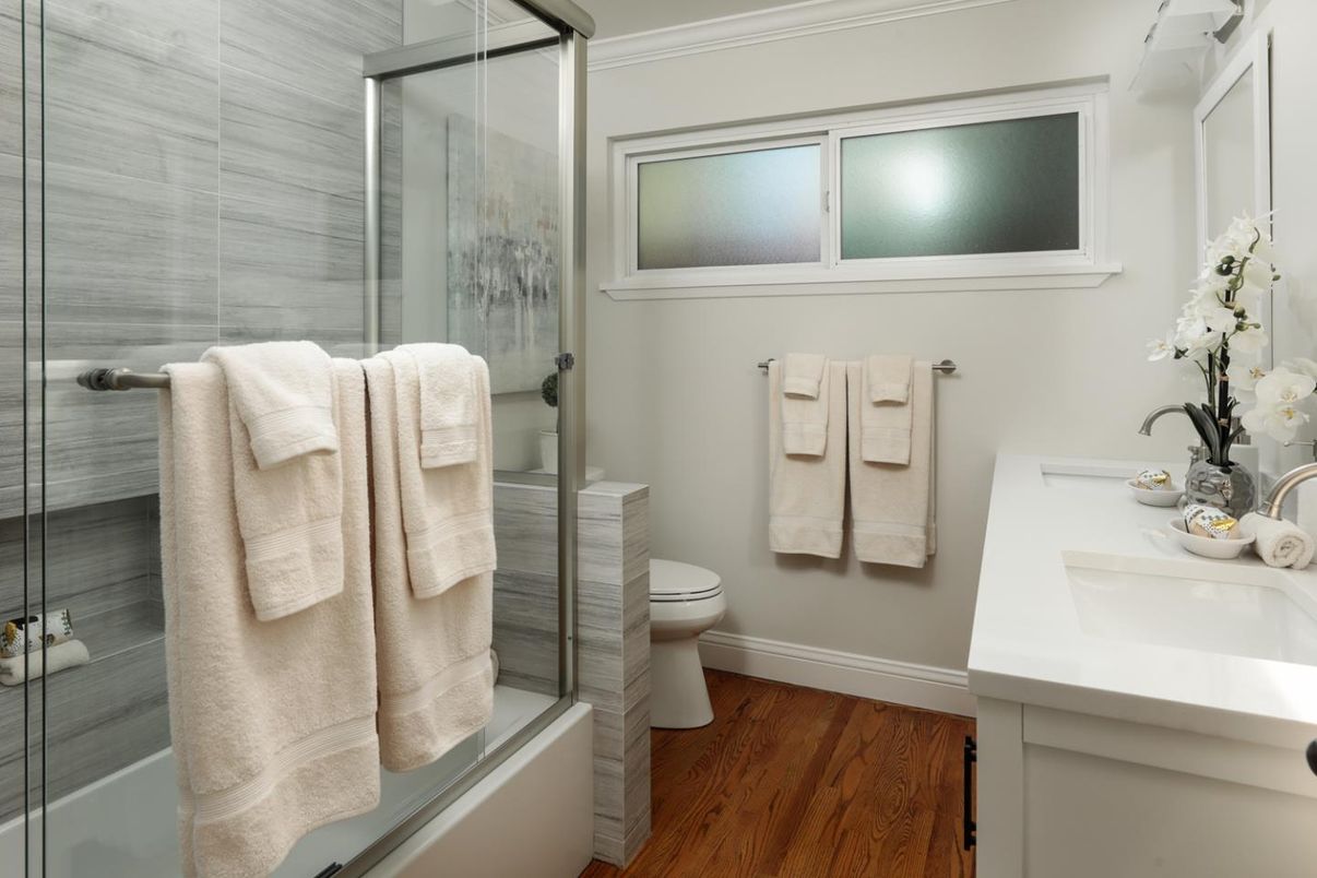 Bathroom, Glass Shower, Interior, Wood Texture Flooring
