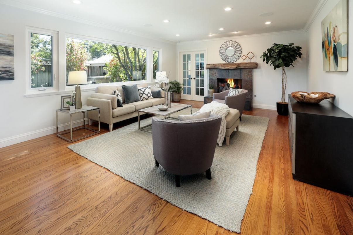 Fireplace, Interior, Living room, Recessed Lighting, Wood Texture Flooring