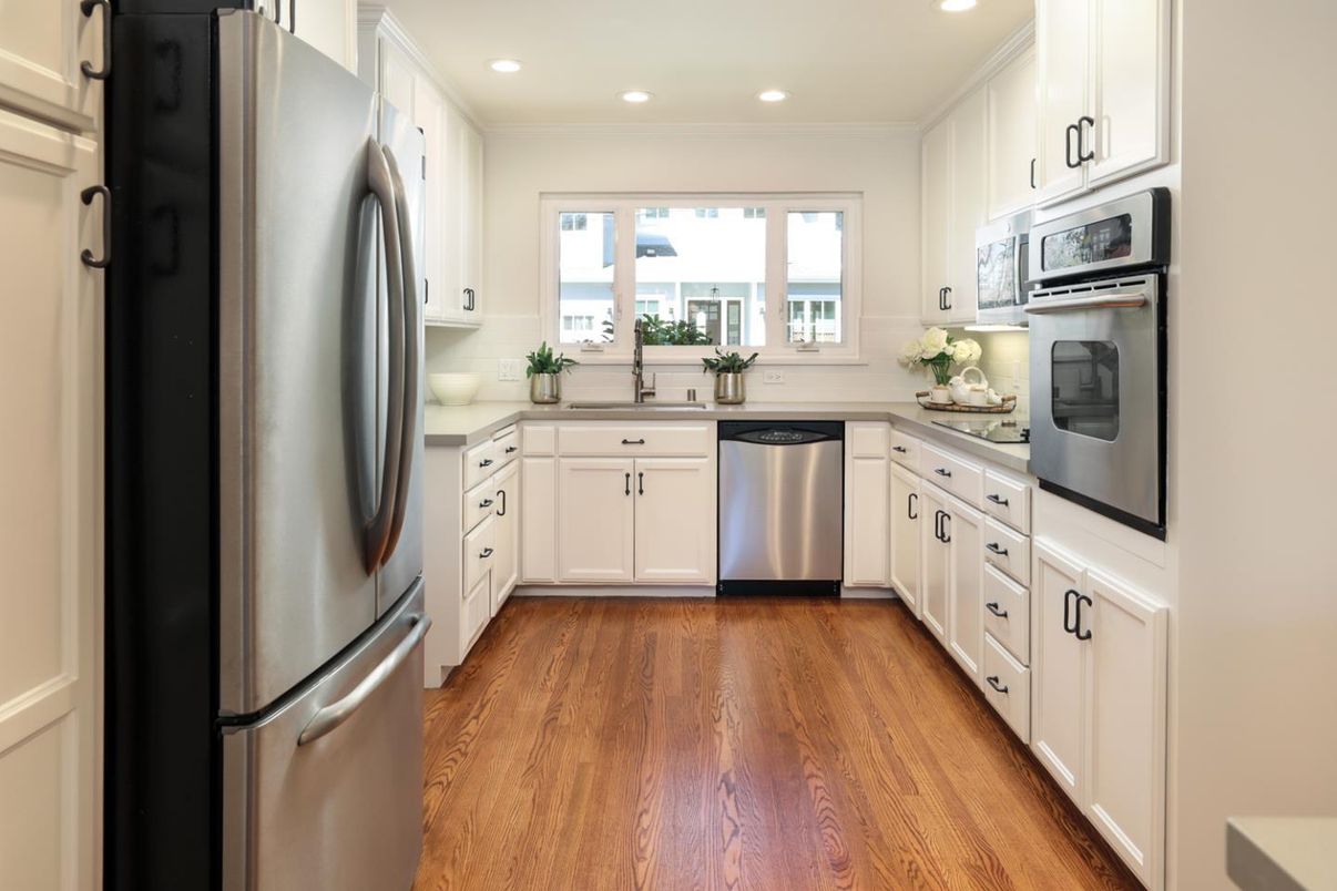 Interior, Kitchen, Recessed Lighting, Stainless Steel Appliances, Wood Texture Flooring