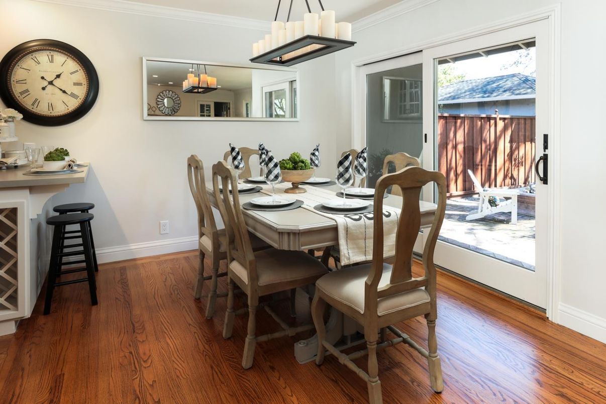 Dining room, Interior, Pendant Lights, Wood Texture Flooring