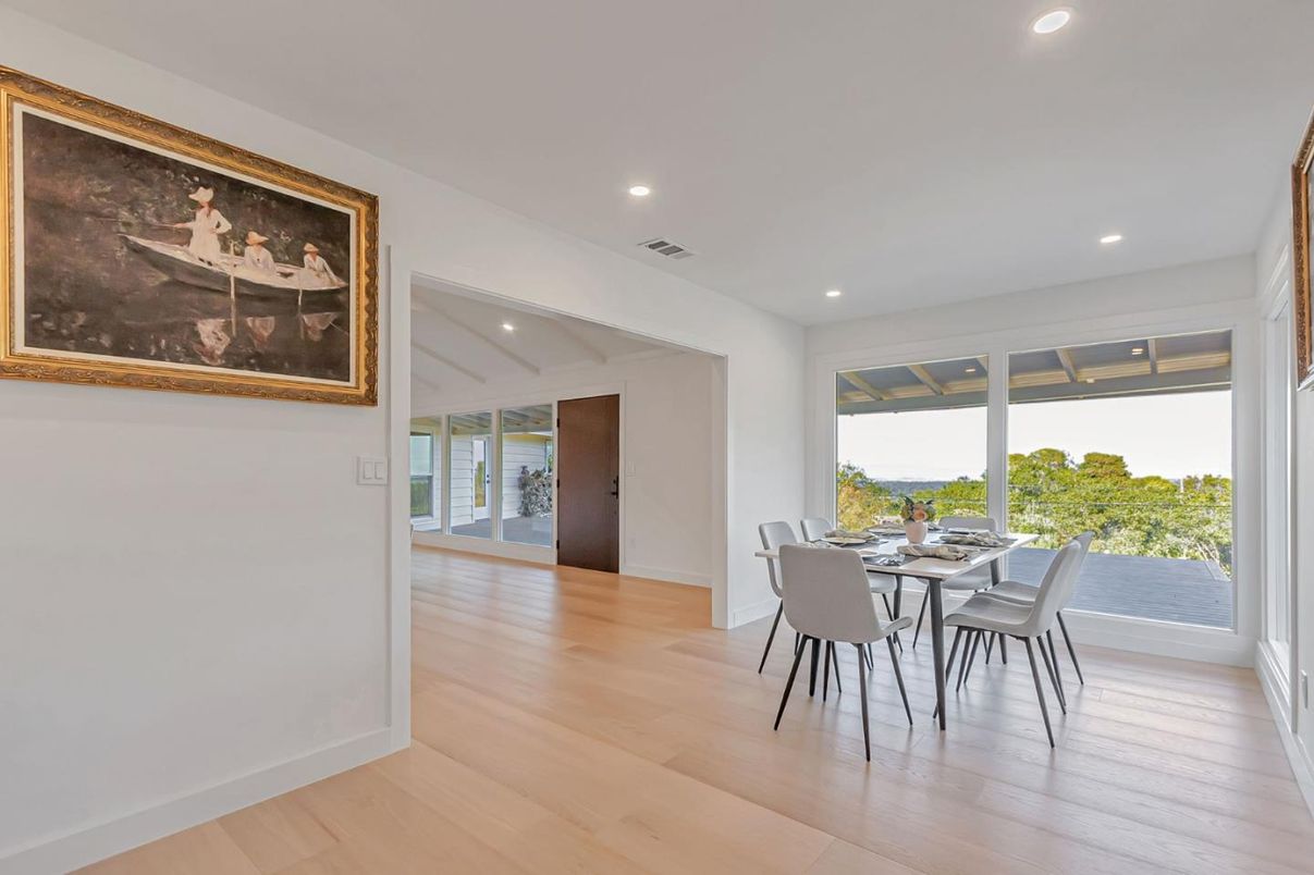 Dining room, Interior, Recessed Lighting, Wood Texture Flooring